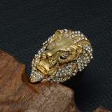 Unisex Titanium Steel Gold Diamonds Lion Ring
