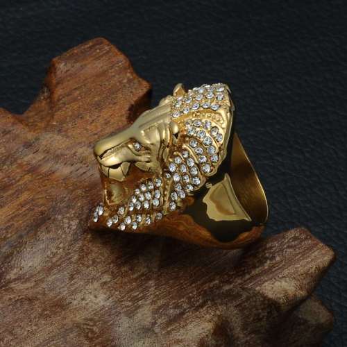 Unisex Titanium Steel Gold Diamonds Lion Ring