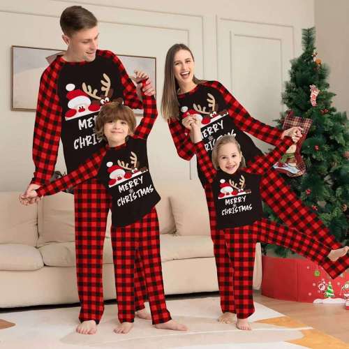 Plus Size Christmas Family Matching Sleepwear Pajamas Merry Christmas White Letters Antlers Santa Claus Black Sets