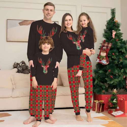 Plus Size Christmas Family Matching Sleepwear Pajamas Merry Christmas Antlers Black Sets