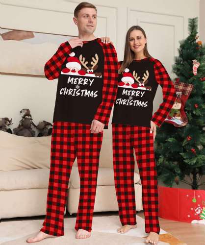 Plus Size Christmas Family Matching Sleepwear Pajamas Merry Christmas White Letters Antlers Santa Claus Black Sets