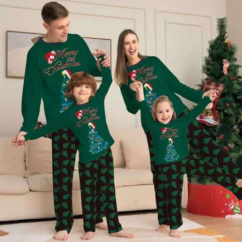 Plus Size Christmas Family Matching Sleepwear Pajamas Merry Christmas Tree Green Sets