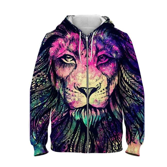 Lion Print Cotton Plush Fleece Hooded Pullover Thick Jackets Outerwear