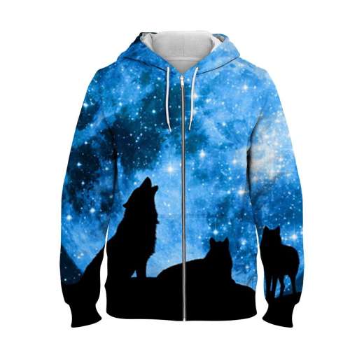Unisex Wolf Print Cotton Plush Fleece Hooded Pullover Thick Jackets Outerwear