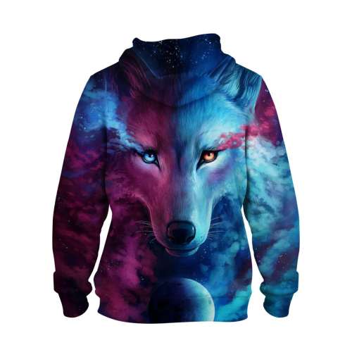 Unisex Wolf Print Cotton Plush Fleece Hooded Pullover Thick Jackets Outerwear