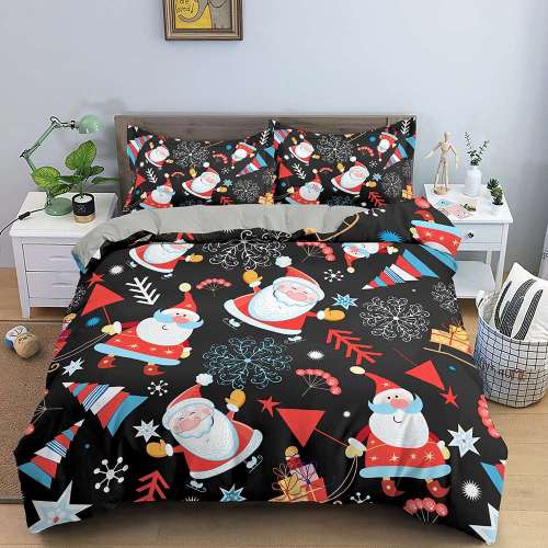 Christmas Theme Cartoon Santa Claus Tree Snowflake Print Full Twin Queen King Duvet Cover Bedding Set