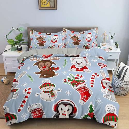 Christmas Theme Cartoon Santa Claus Deer Bear Socks Snowflake Print Full Twin Queen King Duvet Cover Bedding Set