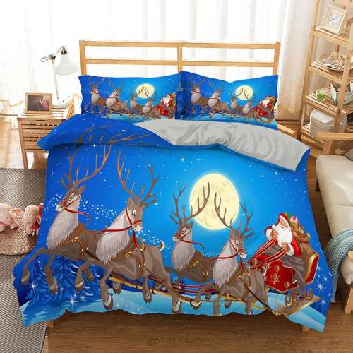Christmas Theme Cartoon Santa Claus Deer Print Full Twin Queen King Duvet Cover Bedding Set