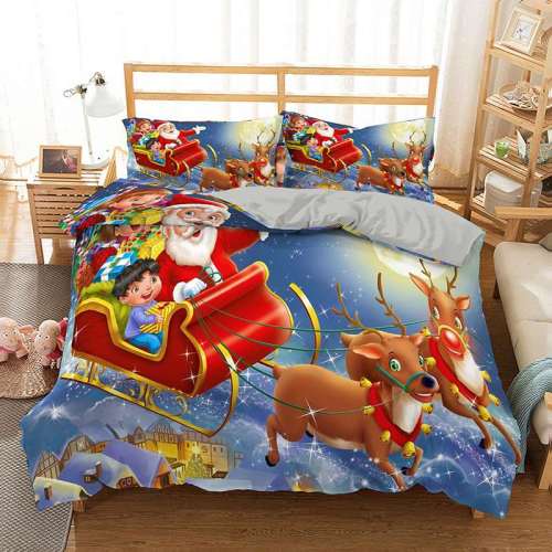 Christmas Theme Santa Claus Sleigh Deer Print Full Twin Queen King Duvet Cover Bedding Set