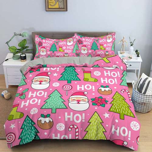 Christmas Theme HOHOHO Cartoon Santa Claus Tree Print Full Twin Queen King Duvet Cover Bedding Set