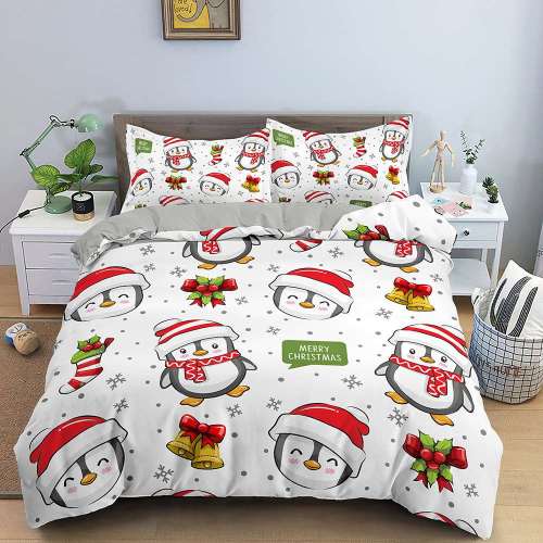 Merry Christmas Hat Penguin Snowflake Print Full Twin Queen King Duvet Cover Bedding Set