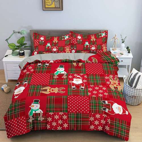 Christmas Theme Cartoon Santa Claus Deer Snowman Plaid Print Full Twin Queen King Duvet Cover Bedding Set