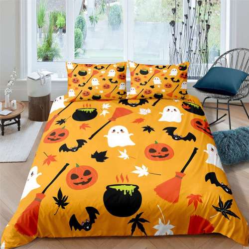 Halloween Cartoon Pumpkin Bat Goast Broom Print Bedding Full Twin Queen King Duvet Covers Bedding Set