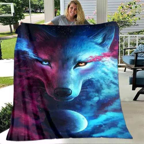 Blue Galaxy Wolf Blanket
