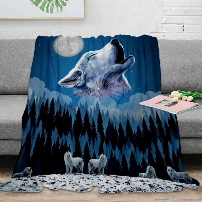 Wolf Pack Howling At Moon Blanket
