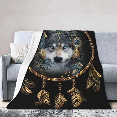 Black Dreamcatcher Wolf Blanket