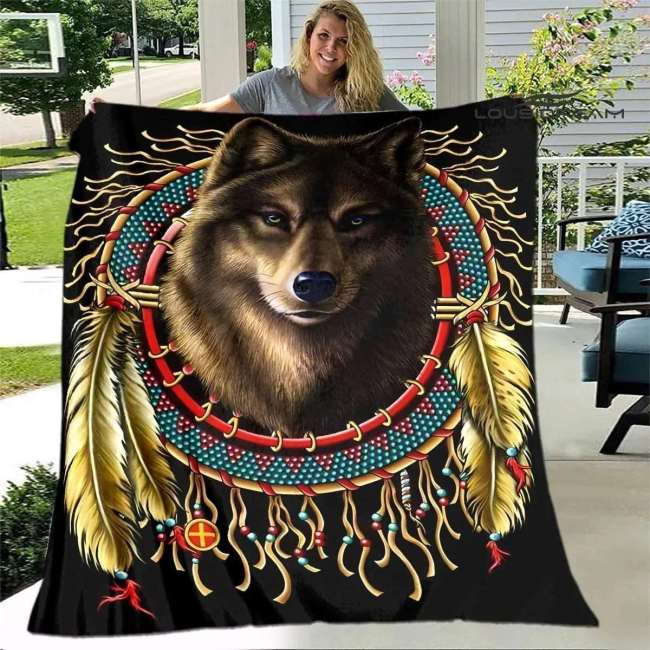 Black Wolf Dreamcatcher Blankets