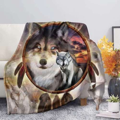 Flannel Dreamcatcher Wolf Blanket