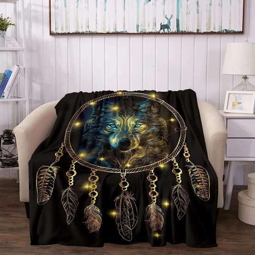 Black Wolf Dreamcatcher Print Blanket