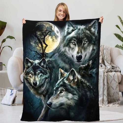 3 Wolves Moon Plush Blankets