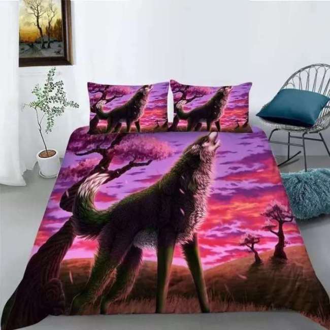 Wolf Print Purple Bed Sheets