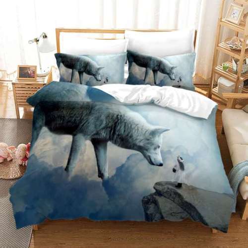 Wolf And Girl Print Bed Sheets
