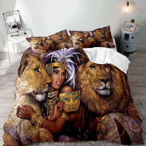 Lion Couples And Woman Duvet Cover