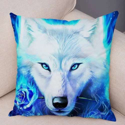Blue Rose Wolf Print Pillowcase