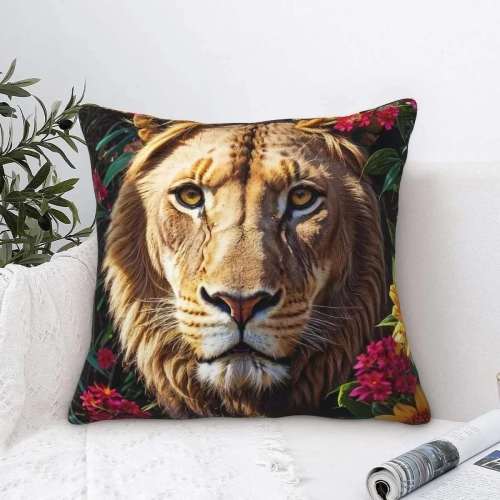 Lion Flowers Pillow Cover