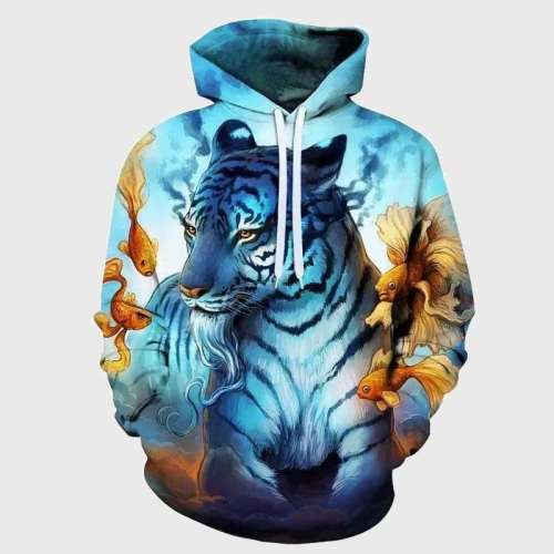 Blue Fish And Tiger Hoodie