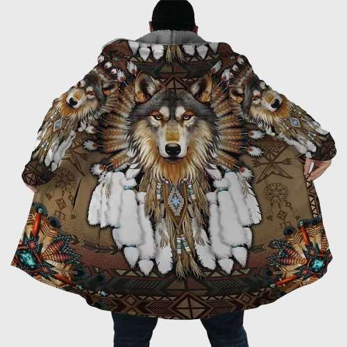 Native Wolf Print Hooded Coat