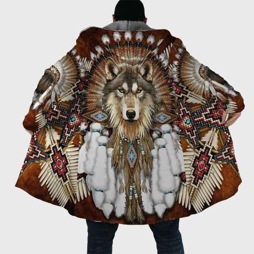 Native Wolf Print Hooded Coat