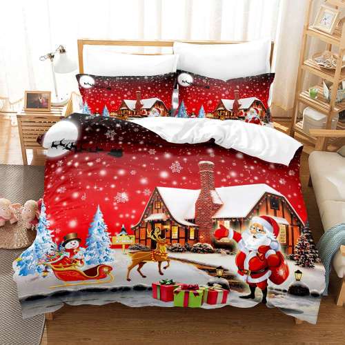 Christmas Santa Claus Elk Sleigh Snowman Bedding Set