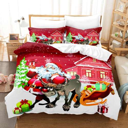 Christmas Santa Claus Elk Sleigh Bed Cover