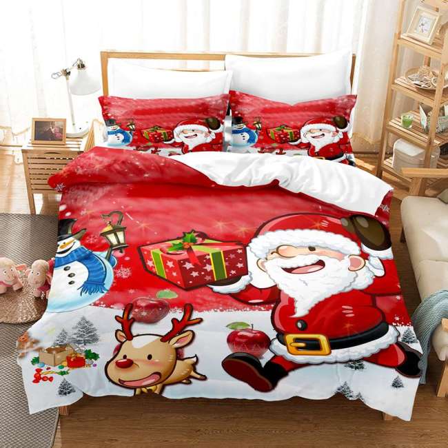 Cartoon Christmas Santa Claus Elk Snowmna Bed Cover