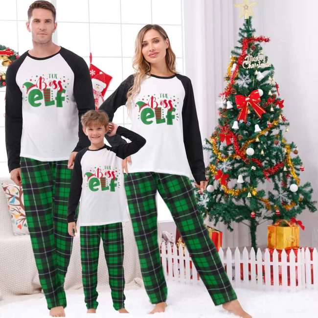 Christmas The Boss Elf Green Plaids Pant Family Pajamas Set