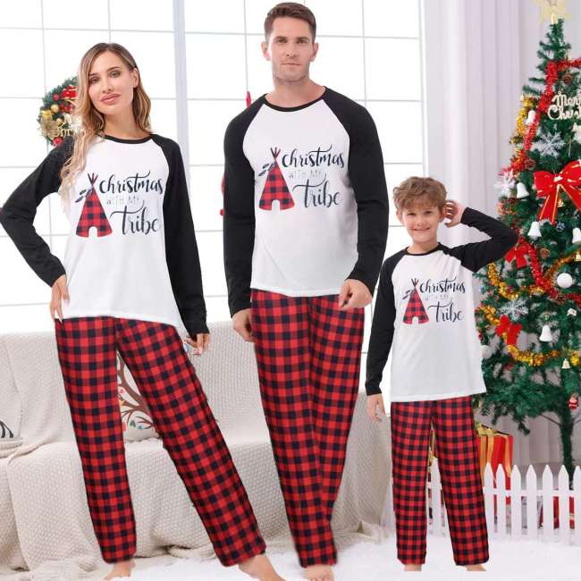 Christmas Slogan And Red Plaids Family Pajamas Set