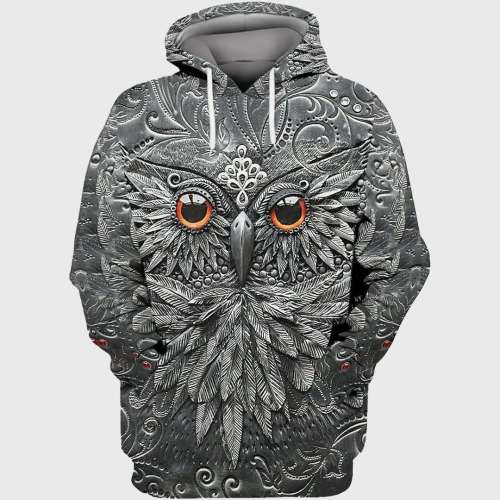 Grey Owl Print Hoodie