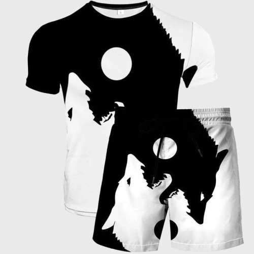 Black White Wolf Shirt Shorts Set