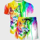 Colorful Wolf Shirt Shorts Set
