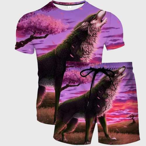 Purple Wolf Howling Shirt Shorts Set