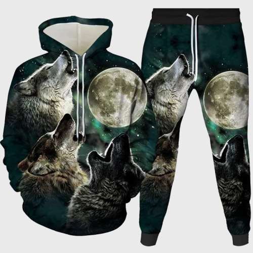Three Wolf Howl At Moon Hoodie Pant Set