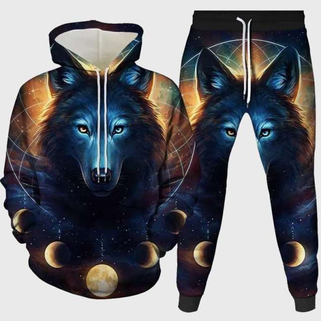 Blue Cosmic Wolf Hoodie Pant Set