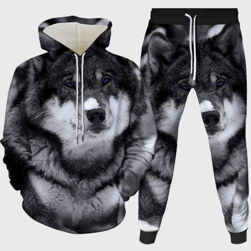 Black Cute Wolf Hoodie Pant Set