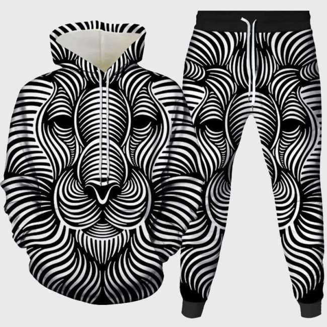 Black Geometrical Lion Hoodie Pant Set