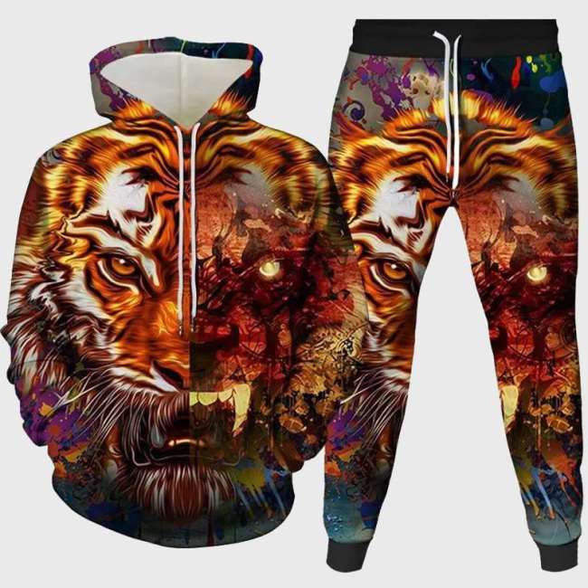 Fire Tiger Face Hoodie Pant Set
