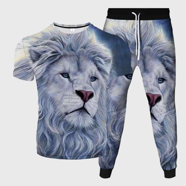 White Lion Print Shirt Pant Set