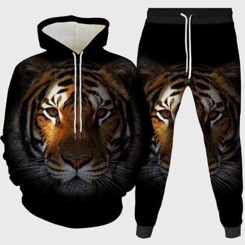 3D Black Tiger Face Hoodie Pant Set