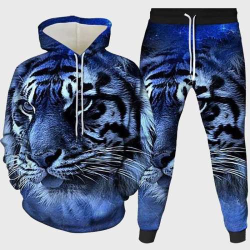 Blue Tiger Face Hoodie Pant Set