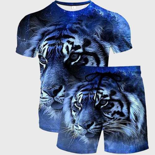 Blue Tiger Face Shirt Shorts Set